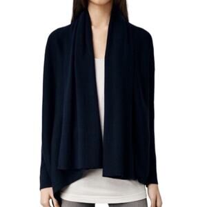 AllSaints AWRY 100% Merino Wool Cardigan Sz XS Asymmetric Ribbed Knit Navy